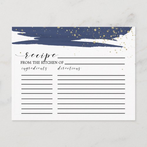 Watercolor Navy  Gold Bridal Shower Recipe Cards