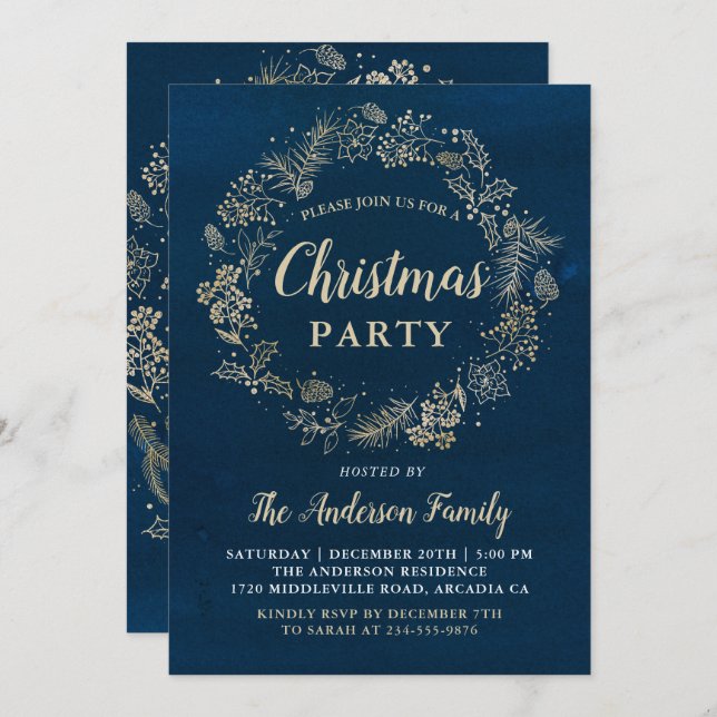 Watercolor Navy Gold Wreath Christmas Party Invitation (Front/Back)