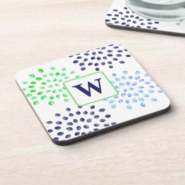 Watercolor Navy Green Blue Flower Monogram Beverage Coaster (Left Side)