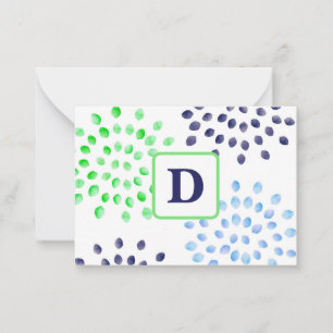 Watercolor Navy Green Blue Mum Flower Monogram Note Card