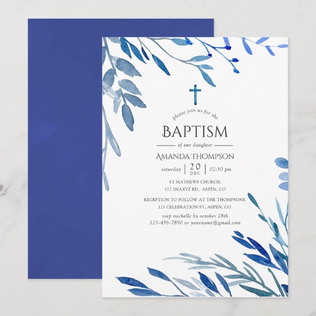 Watercolor Navy Indigo Leaves Baptism Invitation (Front/Back)