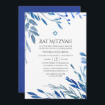 Watercolor Navy Indigo Leaves Bat Mitzvah Invitation<br><div class="desc">Navy blue and white foliage baptism invite designed to be quickly and easily customized to your event specifics.</div>