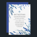 Watercolor Navy Indigo Leaves Bat Mitzvah Invitation<br><div class="desc">Navy blue and white foliage baptism invite designed to be quickly and easily customized to your event specifics.</div>