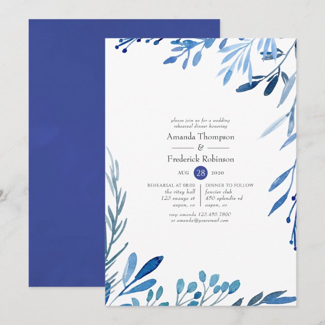 Watercolor Navy Indigo Leaves Rehearsal Dinner Invitation (Front/Back)