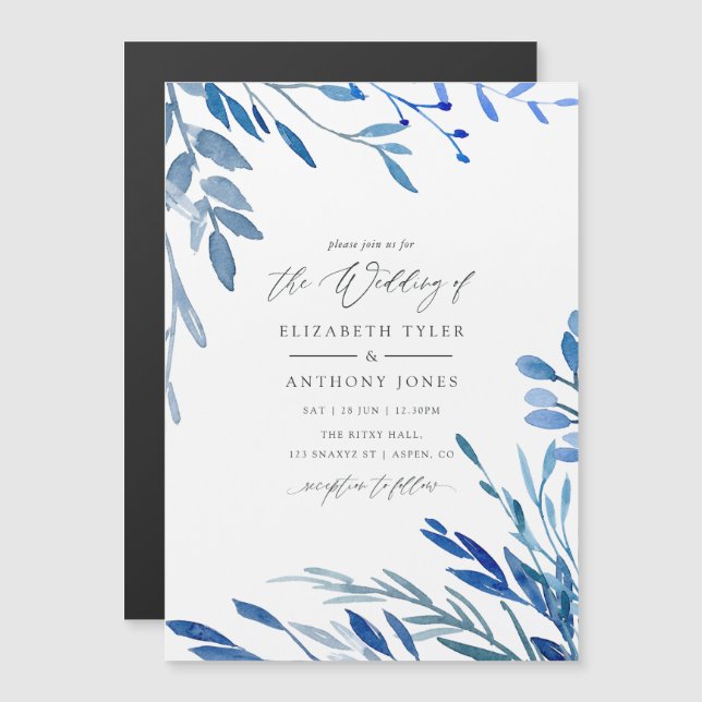 Watercolor Navy Indigo Leaves Wedding Magnetic Invitation (Front/Back)