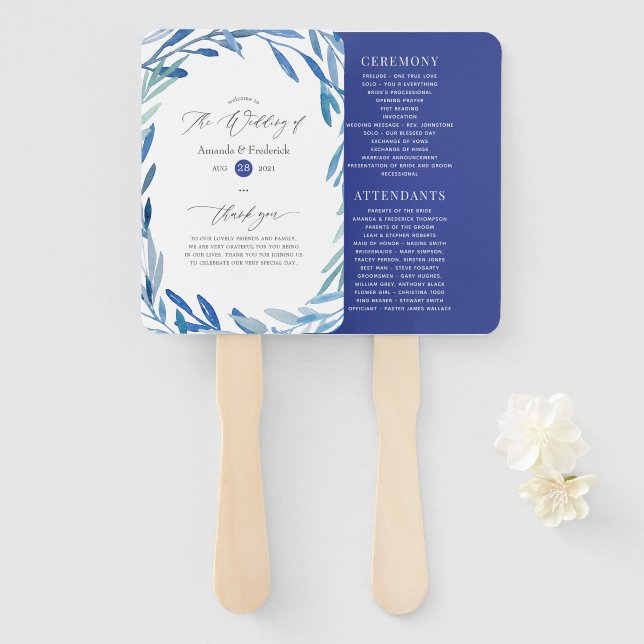 Watercolor Navy Indigo Leaves Wedding Program Hand Fan (Front and Back)