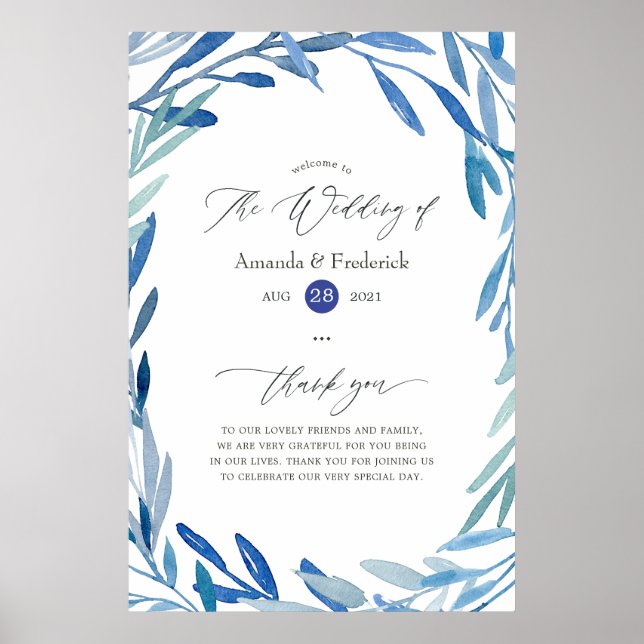 Watercolor Navy Indigo Leaves Wedding Welcome Poster (Front)