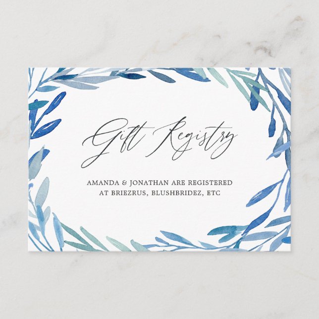 Watercolor Navy Leaf Bridal Shower Gift Registry Enclosure Card (Front)
