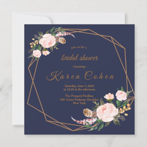 Watercolor Navy Pink Floral Boho Bridal Shower Invitation