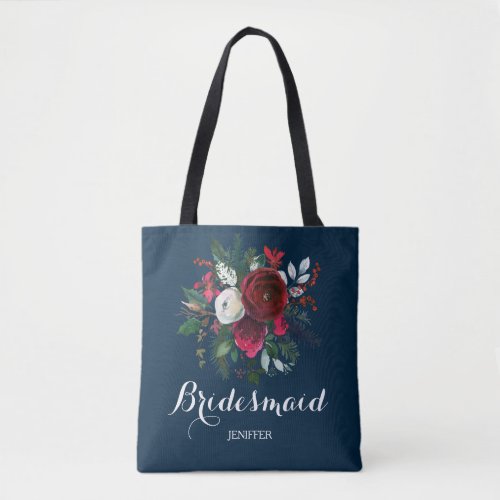 Watercolor navy red bouquet wedding bridesmaid tote bag