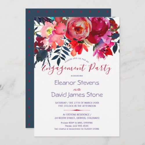 Watercolor navy red peony flowers engagement party invitation