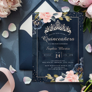 Watercolor Navy Rose Gold Quinceanera Foil Invitation