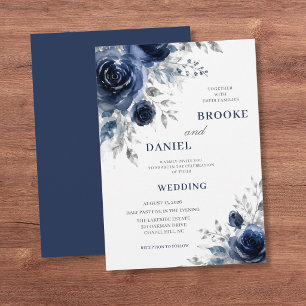 Watercolor Navy Rose Silver Leaf Wedding Invitation