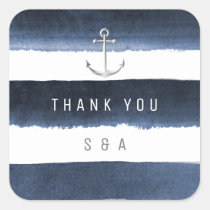 Watercolor navy stripes anchor beach wedding square sticker