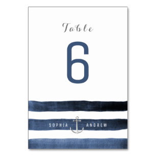 Watercolor navy stripes beach wedding table number