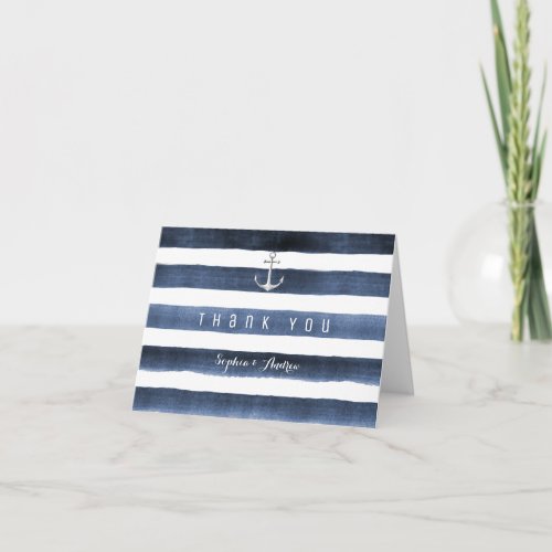 Watercolor navy stripes beach wedding thank you