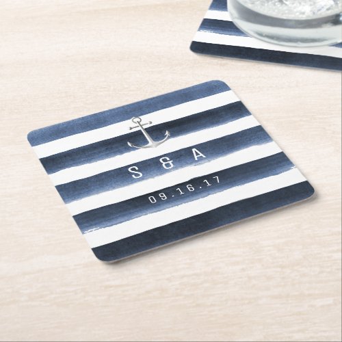 Watercolor navy stripes monogram beach wedding square paper coaster