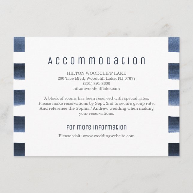 Watercolor navy stripes nautical accommodation enclosure card (Front)