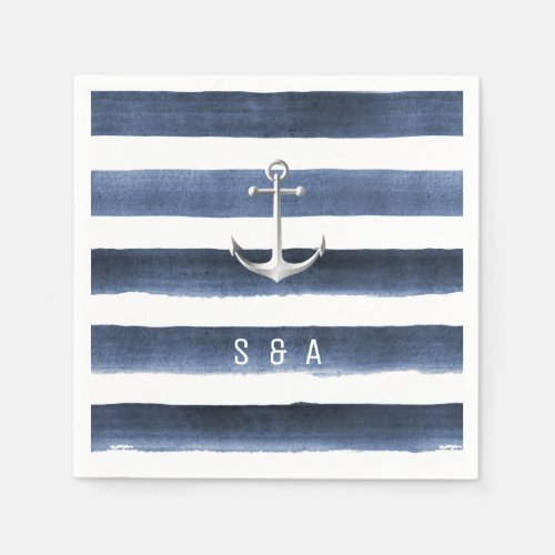 Watercolor navy stripes with anchor beach wedding napkins