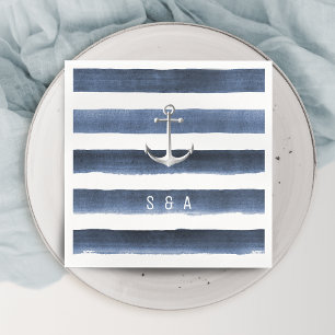 Watercolor navy stripes with anchor beach wedding napkins