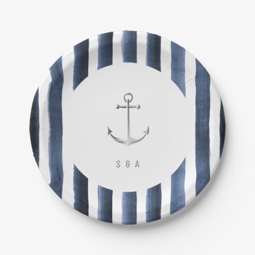 Watercolor navy stripes with anchor beach wedding paper plates