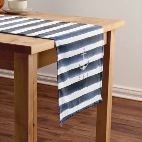Watercolor navy stripes with anchor beach wedding short table runner