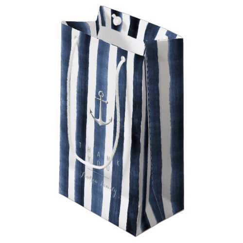 Watercolor navy stripes with monogram small gift bag