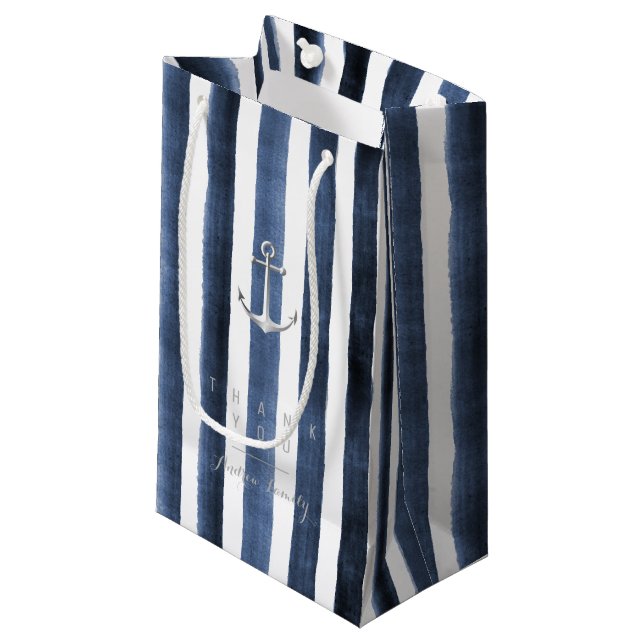 Watercolor navy stripes with monogram small gift bag (Front Angled)