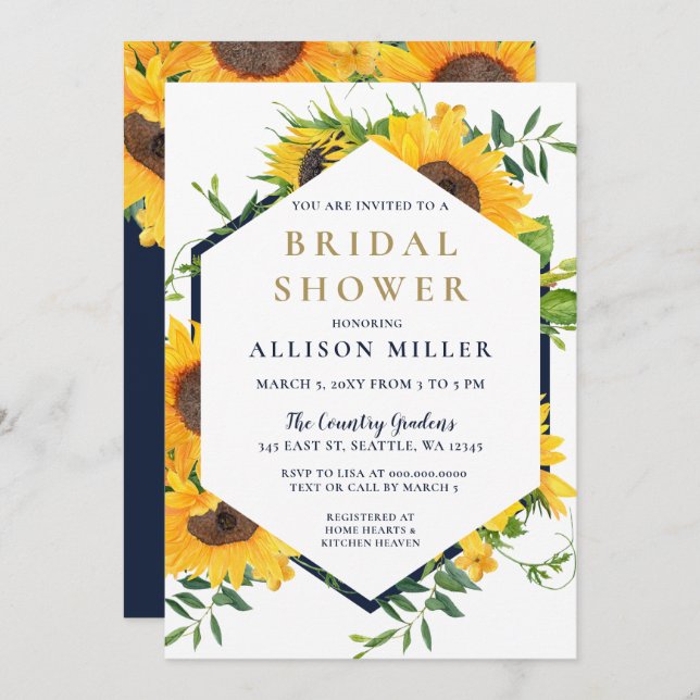 Watercolor Navy Sunflower Rustic Bridal Shower Invitation (Front/Back)