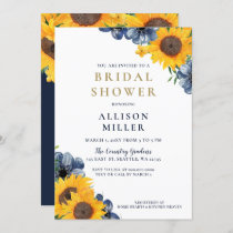 Watercolor Navy Sunflower Rustic Bridal Shower Invitation