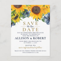 Watercolor Navy Sunflower Rustic Save the New Date Announcement Postcard