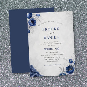 Watercolor Navy Tulip Silver Glitter Silk Wedding Invitation