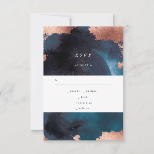 Watercolor Navy White Moody Rose Gold Wedding RSVP Card