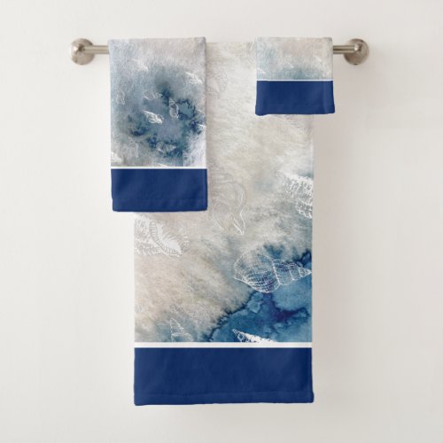 Watercolor Navy White Nautical Seashell Bathroom  Bath Towel Set