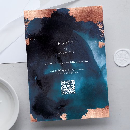 Watercolor Navy White Rose Gold Wedding Qr Code RSVP Card