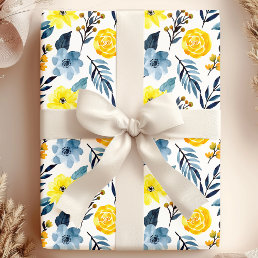 Watercolor Navy Yellow Boho Floral Flower Wrapping Paper