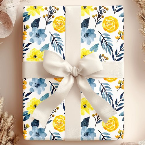 Custom Gift Wrap And Tissue Paper 13 Watercolor Navy Yellow Boho Floral Flower Wrapping Paper