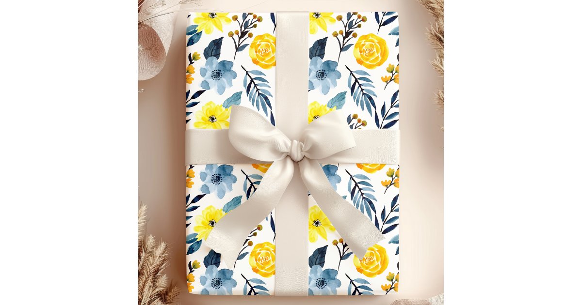 Watercolor Navy Yellow Boho Floral Flower Wrapping Paper | Zazzle