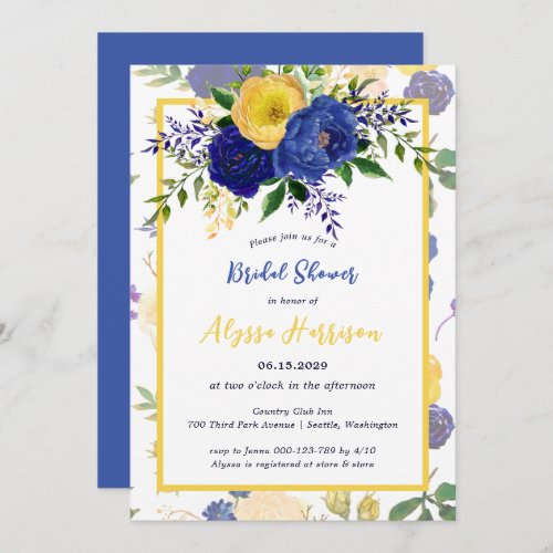 Watercolor Navy Yellowish Gold Floral Bridal Invit Invitation
