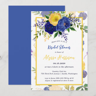 Watercolor Navy Yellowish Gold Floral Bridal Invitation