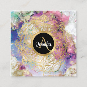 Watercolor nebula gold mandala modern monogrammed square business card