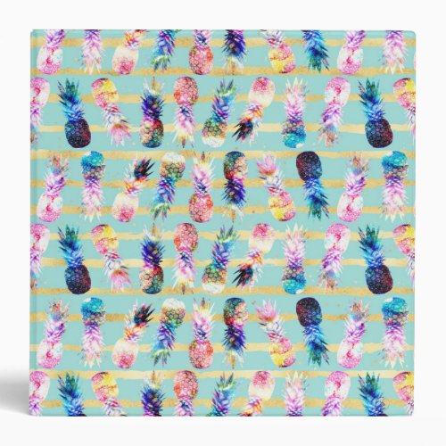 Watercolor Nebula Pineapples Gold Stripes Design 3 Ring Binder