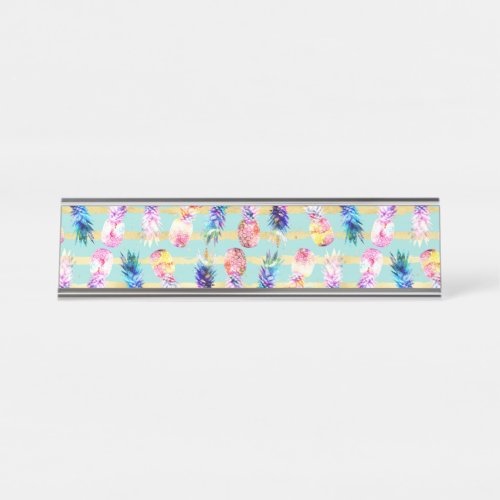 Watercolor Nebula Pineapples Gold Stripes Design Desk Name Plate