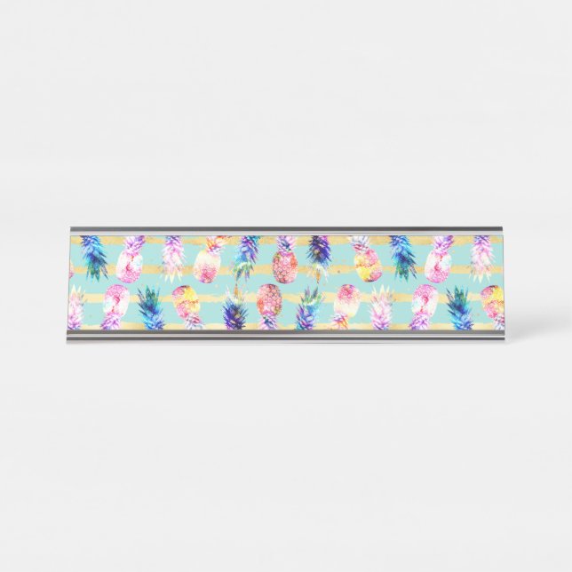 Watercolor Nebula Pineapples Gold Stripes Design Desk Name Plate (Front)
