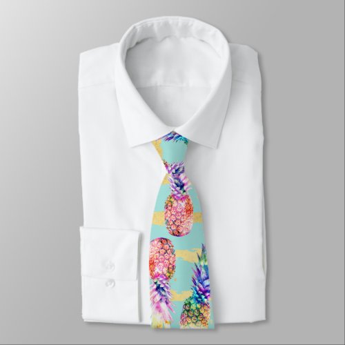 Watercolor Nebula Pineapples Gold Stripes Design Neck Tie