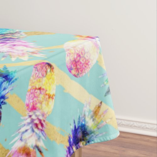 Watercolor Nebula Pineapples Gold Stripes Design Tablecloth