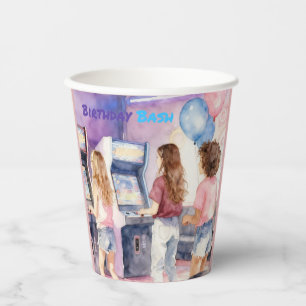 Watercolor Neon Arcade Kids’ Birthday Bash Paper Cups