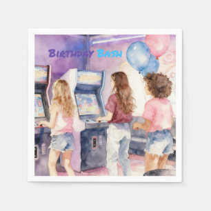 Watercolor Neon Arcade Kids’ Birthday Party Napkins
