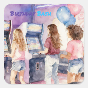 Watercolor Neon Arcade Kids’ Birthday Party Square Sticker