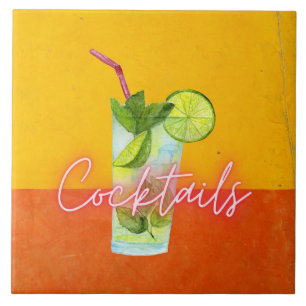 Watercolor & Neon Cocktails Bar Art   Ceramic Tile